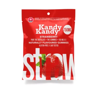 Kandy Kandy Strawberry THC Gummies 750mg, gluten-free and lab-tested, 5-pack with warning label.