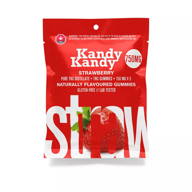 Kandy Kandy Strawberry THC Gummies 750mg, gluten-free and lab-tested, 5-pack with warning label.