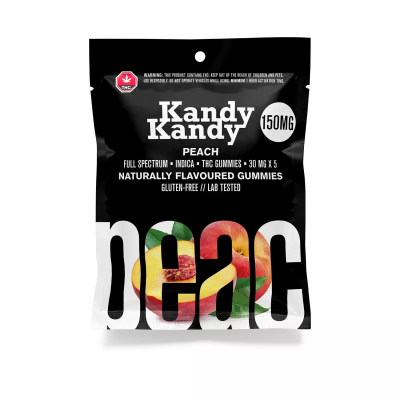 Kandy Kandy Peach Flavored THC Gummies, 150mg Indica, Gluten-Free and Lab Tested.