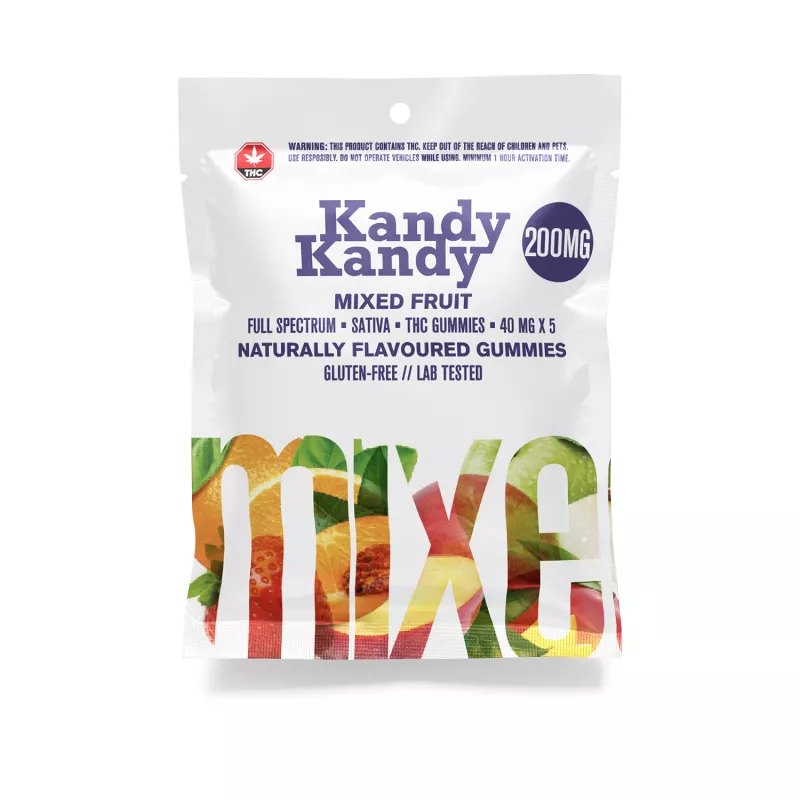 Kandy Kandy 200mg THC fruit gummies, sativa-dominant, lab-tested, gluten-free.