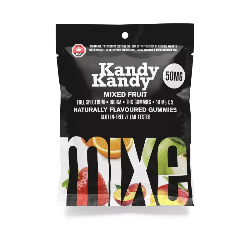 Kandy Kandy THC Gummies, 50MG Indica, Mixed Fruit Flavor, Gluten-Free.