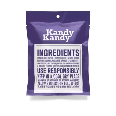 Kandy Kandy THC/CBD gummies packaging with ingredients and usage instructions.