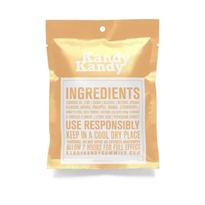 Kandy Kandy CBD candy pack highlighting ingredients and usage warnings.