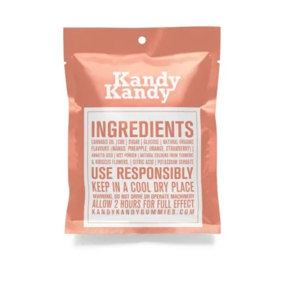 Kandy Kandy 250mg peach-flavored CBD gummies packaging with ingredients and warnings.