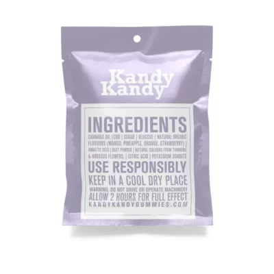 Kandy Kandy 250mg CBD Gummies packaging with ingredients and safety warning.