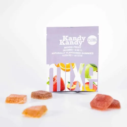 Kandy Kandy 250mg CBD mixed fruit gummies, naturally flavored and gluten-free.