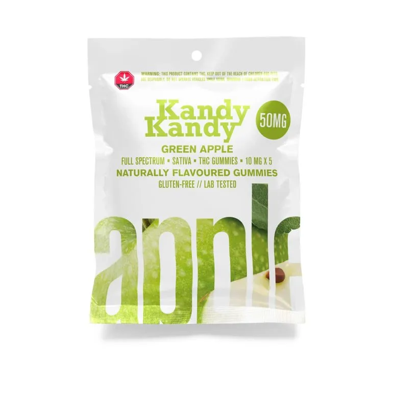 Kandy Kandy 150mg Sativa THC Green Apple Gummies, gluten-free and lab-tested.