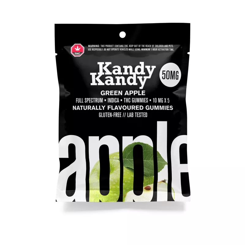 Kandy Kandy 50mg Indica THC Gummies - Green Apple Flavor, Safety Warning on Packaging.