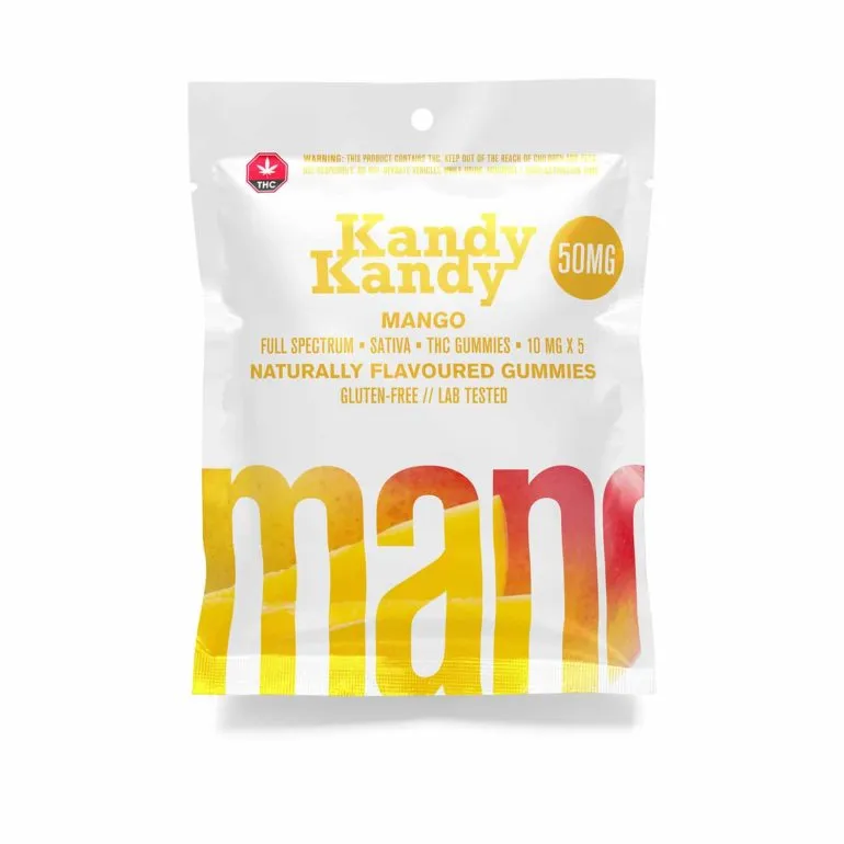 Kandy Kandy Mango-Flavored 200mg Sativa THC Gummies, Gluten-Free, Lab-Tested with Warning Label.