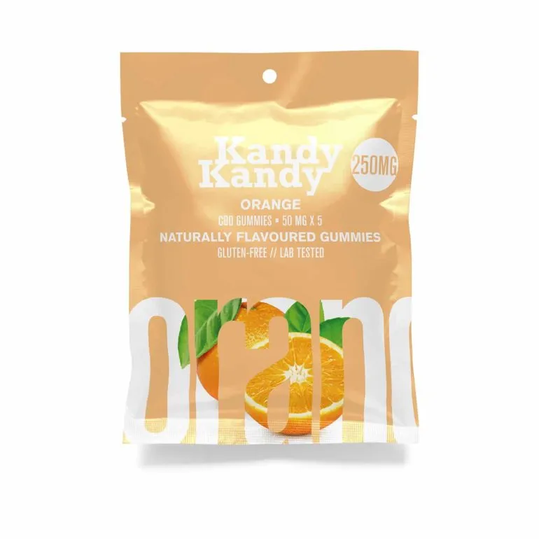 Orange-flavored Kandy Kandy CBD Gummies, 250mg, gluten-free, lab-tested, 5-pack.