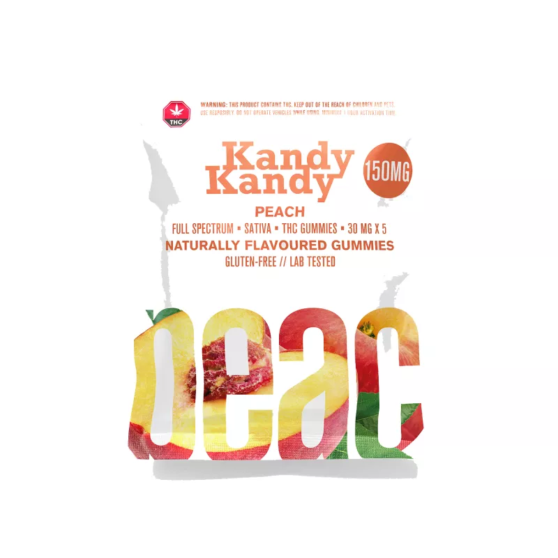 Kandy Kandy 150mg Peach THC Gummies - Full Spectrum Sativa, Gluten-Free, Lab-Tested.