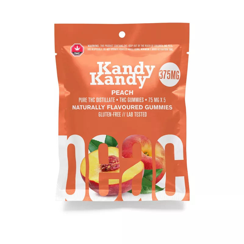 Kandy Kandy Peach Gummies, 375mg THC, Clear Window, Warning Label.