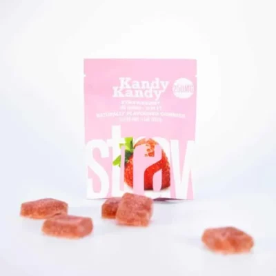 Kandy Kandy Strawberry Gummies, 200mg, Sugary-coated Pink Packet.
