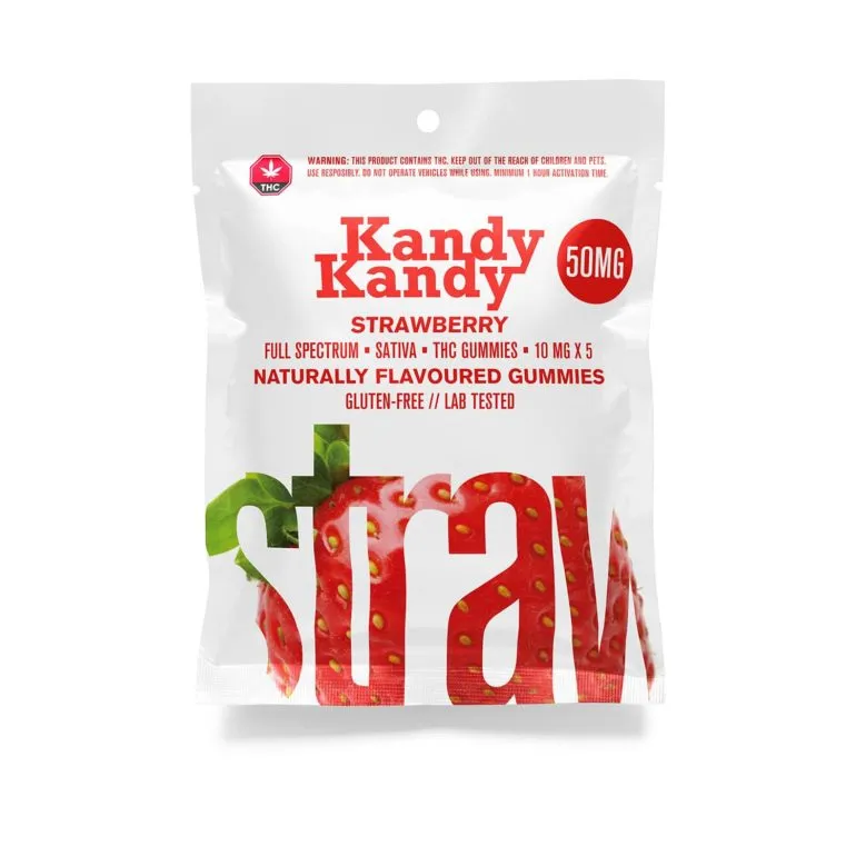 Kandy Kandy Strawberry Flavor THC Gummies, 50mg Full Spectrum, 5-Pack, Gluten-Free.