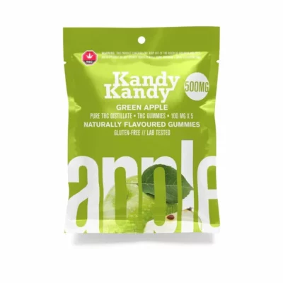 Kandy Kandy THC Gummies, Green Apple Flavor, 500mg, Gluten-Free, Lab-Tested.