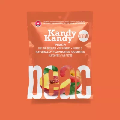 Kandy Kandy Peach Flavored THC Gummies, 500mg, Gluten-Free with Distillate and Safety Warnings.