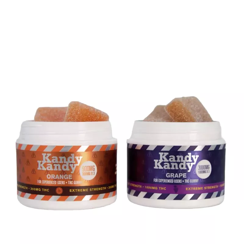 Kandy Kandy THC gummies in orange and grape with high potency for experienced users.