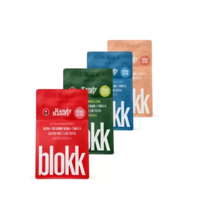 Assorted Kandy Kandy THC gummy pouches, gluten-free and lab-tested, in five flavors.