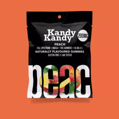 Kandy Kandy 200mg Indica Peach Gummies, Gluten-Free and Lab-Tested.