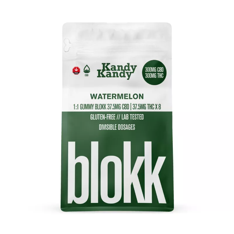 Kandy Kandy Watermelon Gummy Blokks with 300mg CBD and THC, gluten-free and lab-tested.
