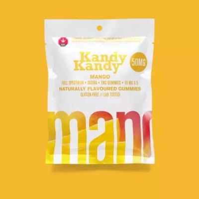 Kandy Kandy Mango Gummies, 50mg THC, Full Spectrum, Gluten-Free, Lab Tested.