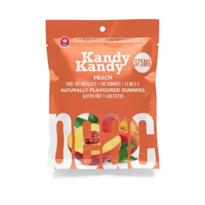 Kandy Kandy Peach-flavored THC gummies, 375mg, gluten-free and lab-tested.