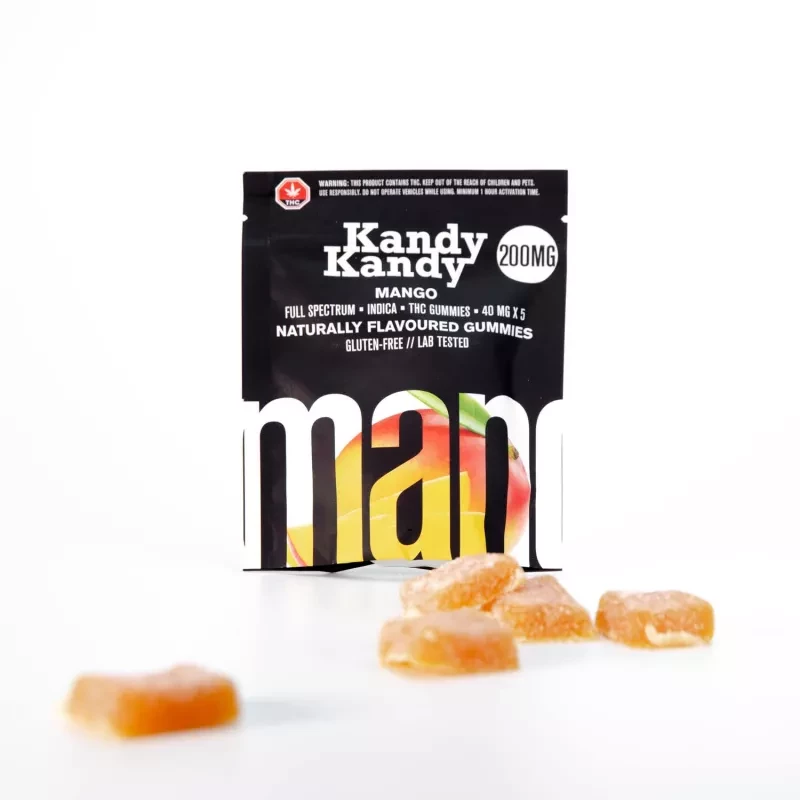 Mango-flavored Indica THC gummies, 200mg, by Kandy Kandy with sugary coating.