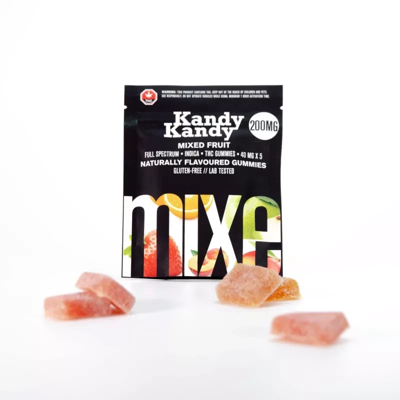 Kandy Kandy 200mg THC Indica Gummies - Mixed Fruit, Gluten-Free, Lab-Tested.