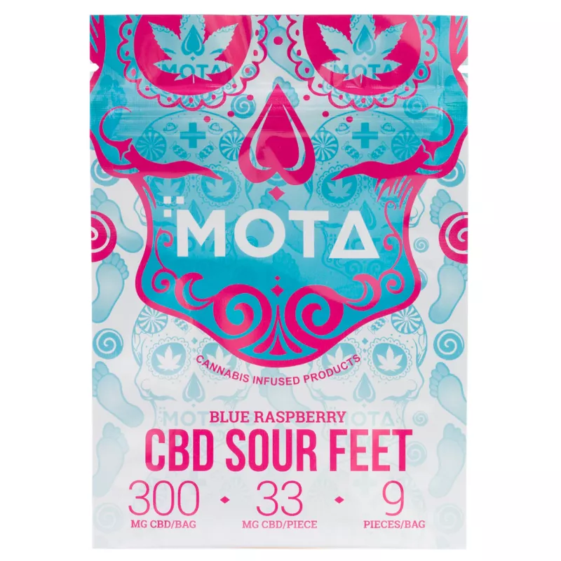 MOTA CBD Sour Feet, Blue Raspberry, 300mg - Colorful Packaging Design.
