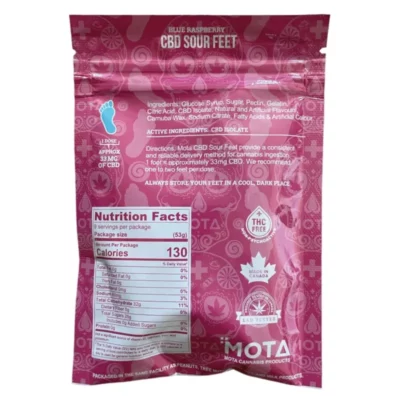 Mota Cannabis Blue Raspberry CBD Edible Packaging with Nutrition and Allergen Info.