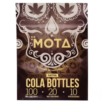 MOTA Sativa Cola Gummies with 100mg THC and 20mg CBD in premium designed packaging.