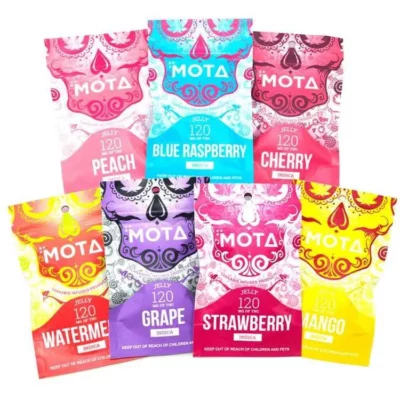 Assorted MOTA THC Jelly Edibles with Indica Strain and Flavor Labels.