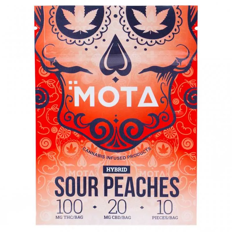 MOTA 100mg THC Hybrid Sour Peach Cannabis Gummies in Colorful Packaging