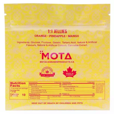 MOTA Cannabis-Infused Jellies - Orange, Pineapple, Mango with Nutritional Info and Safety Warning.