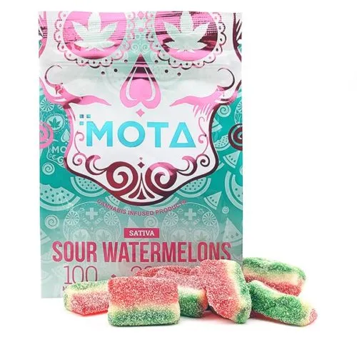 MOTA Sour Watermelon Sativa Gummies with colorful Day of the Dead packaging.