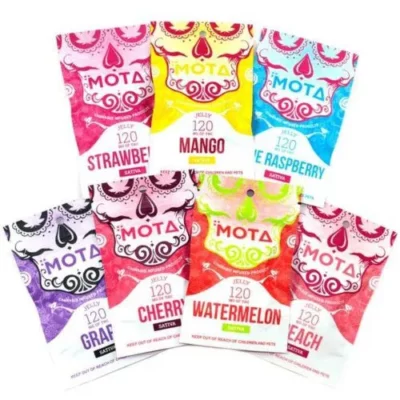 MOTA 120mg THC Jelly Edibles in Strawberry, Mango, and other flavors.