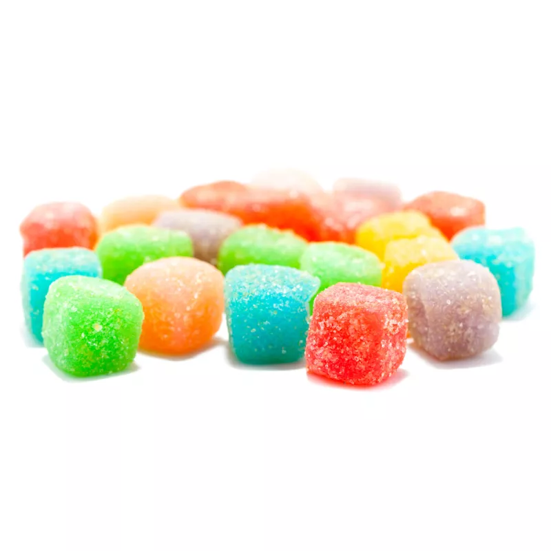 Colorful Mota CBD sour candy cubes with fruity flavors and sugar coating.