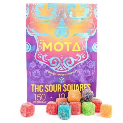 MOTA Sour Gummies with 150mg THC, colorful psychedelic packaging, sugar-coated edibles.