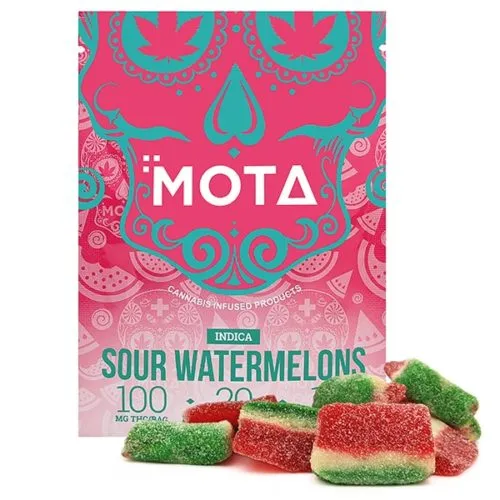 Pack of MOTA Sour Watermelon THC-infused Indica Gummies on white background.
