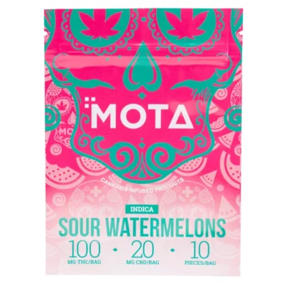 MOTA Cannabis-Infused Sour Watermelon Gummies - 100mg THC, 20mg CBD Package.