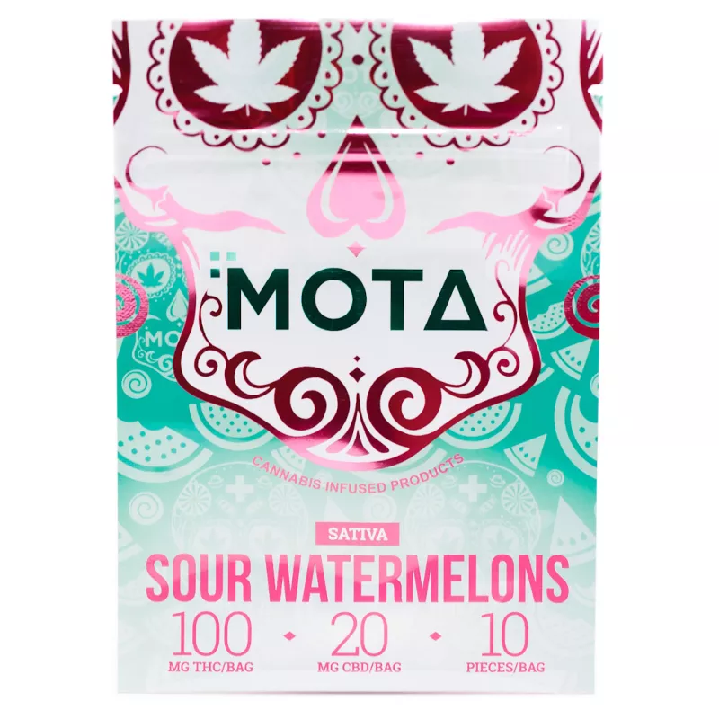 MOTA Sour Watermelon Edibles Packet - 100mg THC, 20mg CBD, Cannabis Leaf Design.