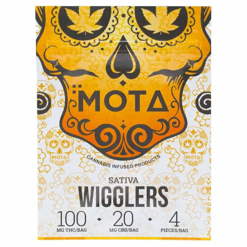 MOTA Sativa Wigglers packaging with THC and CBD content details.