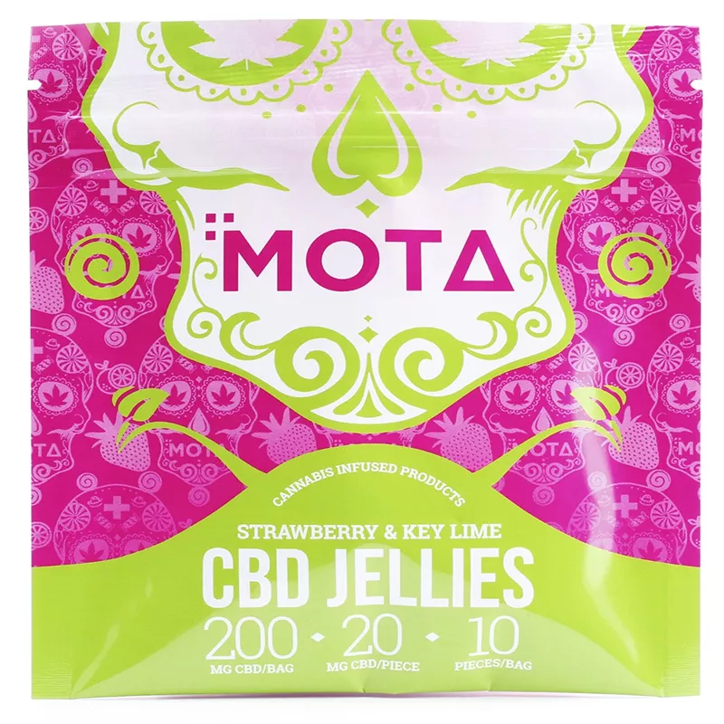 MOTA CBD Jellies, 200mg, Strawberry & Key Lime flavor, colorful packaging.