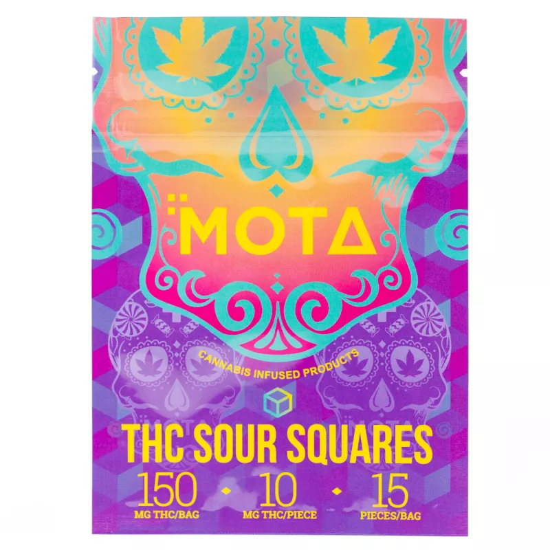 MOTA Cannabis-Infused Sour Squares, 150mg THC, Vibrant Tie-Dye Packaging.