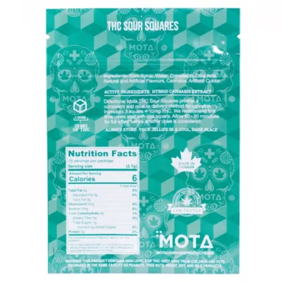 MOTA Cannabis-Infused Sour Squares Label with THC Content and Dosage Instructions