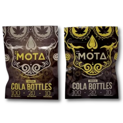 MOTA Sativa and Indica Cannabis Cola Bottle Gummies with THC and CBD.