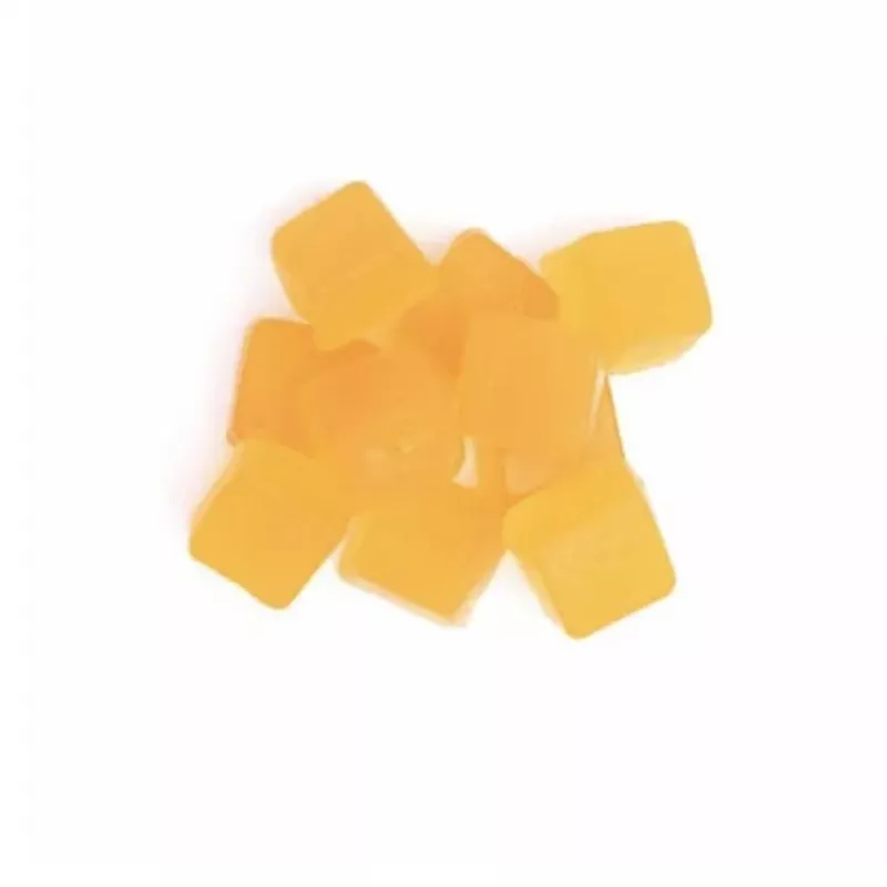 Orange-flavored THC-infused gummies with a glossy, chewy texture on a white background.