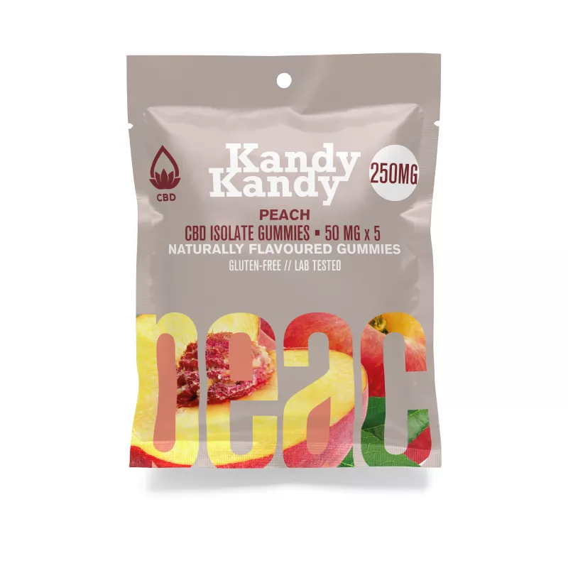 Kandy Kandy Peach CBD Gummies, 250mg Isolate, Gluten-Free, Lab-Tested.