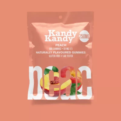 Peach-flavored Kandy Kandy CBD Gummies, 250mg 5-pack, gluten-free and lab-tested.