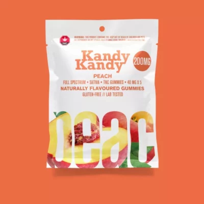 Kandy Kandy Peach THC Gummies, 200mg Sativa, Gluten-Free, Lab-Tested, 5-Pack.